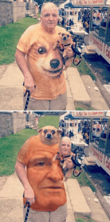 a man wearing a t-shirt with a face on it is holding two dogs