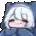 a pixel art of a girl with white hair covering her face with a blue blanket .