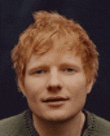 a close up of a man 's face with red hair .