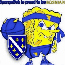 a cartoon of spongebob holding a basketball with the words spongebob is proud to be bosniaan written below him