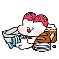 a cartoon cat with a donut on his head is laying on a pile of plates and bowls .