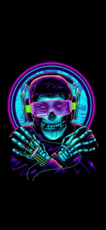 a neon skeleton wearing headphones and glasses is holding a controller .