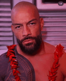 a bald man with a beard is wearing a red lei .