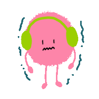 a pink cartoon character wearing green headphones and a sad face