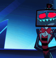 a cartoon character with red eyes and teeth is standing in front of a computer monitor