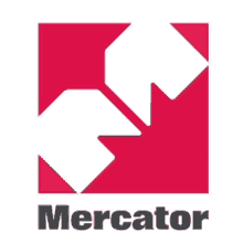 a red and white mercator logo with arrows pointing in opposite directions