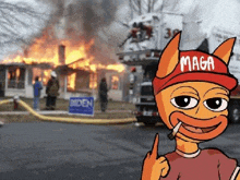 a cartoon cat wearing a maga hat is smoking a cigarette in front of a burning house