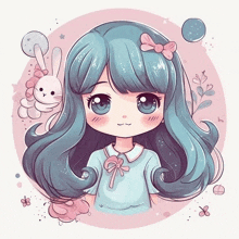 a cute cartoon girl with blue hair is holding a stuffed bunny .