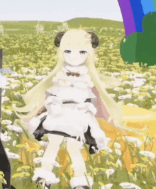 a girl with long blonde hair is standing in a field of flowers .