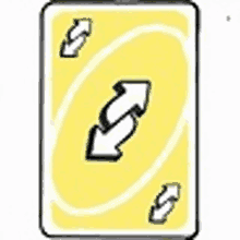 a yellow uno card with two arrows pointing in opposite directions on it .