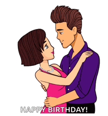 a cartoon of a man and a woman hugging with the words happy birthday written below them