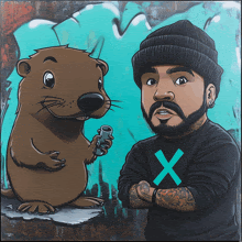 a cartoon drawing of a man and a beaver with an x on their shirt