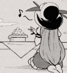 a black and white drawing of a witch kneeling down in front of a table .