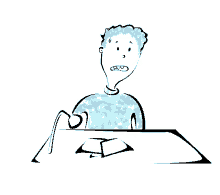 a cartoon drawing of a man with blue hair sitting at a desk