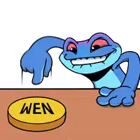 a cartoon of a frog pointing at a yellow button that says wen