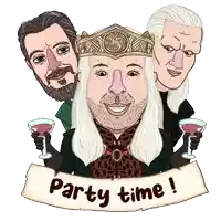 a cartoon of three men holding wine glasses and a sign that says party time on it