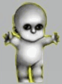 a cartoon baby is standing on a yellow hose .