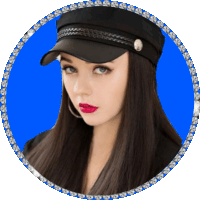 a woman wearing a black hat with a blue circle around her