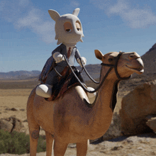 a cartoon character is riding on the back of a camel in the desert