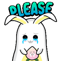 a cartoon rabbit is crying while holding a peach and the word please is above it