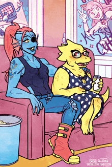 a drawing of a woman and a monster sitting on a couch with the website armyallison.tumblr.com in the corner