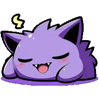 a purple cartoon cat is laying down with its eyes closed and its tongue out .