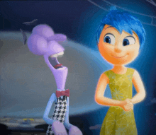 a girl with blue hair is standing next to a purple cartoon character