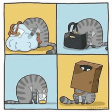 a cartoon of a cat wearing a box on its head .