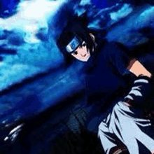 sasuke uchiha from naruto is wearing a bandana and a headband while standing in front of a blue background .