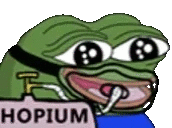 a cartoon frog is holding a sign that says hopium and is wearing a blue shirt .