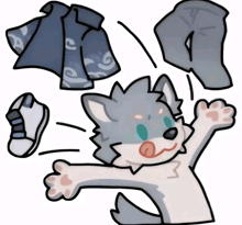 a cartoon drawing of a wolf with clothes flying around