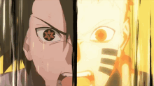 a man with a flower in his eye is standing next to another man with a yellow eye