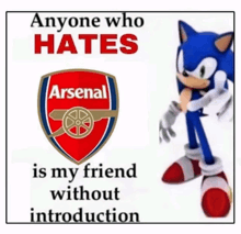 a poster that says anyone who hates arsenal is my friend without introduction with a picture of sonic