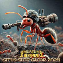 an ant with a gun and a helmet is on a poster for museum bola