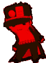 a pixel art drawing of a red monster wearing a top hat and pants .