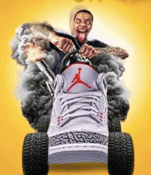 a man is riding a lawn mower made out of a pair of jordan sneakers