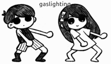 a black and white drawing of a boy and a girl dancing with the words gaslighting behind them