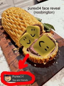 purex04 face reveal ( noobington ) is written above a slice of food