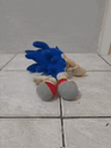 a stuffed sonic the hedgehog toy is laying on the floor .