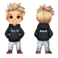 a cartoon of a boy wearing a black hoodie that says syu on the back