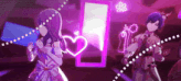 a man and a woman are standing next to each other in a room with a heart in the background .
