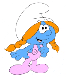 a cartoon smurf with orange hair and pink overalls is giving a thumbs up