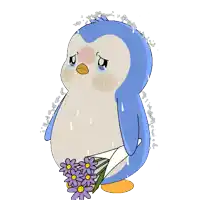 a cartoon penguin is crying while holding a bouquet of flowers
