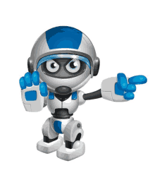 a robot with a blue helmet and blue gloves points to the right