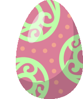 a pink egg with green swirls and polka dots on it