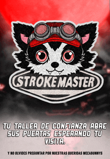 a stroke master logo with a dog wearing goggles