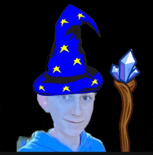 a boy wearing a blue wizard hat and holding a cane