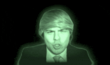 a man in a suit and tie is making a funny face in a green light