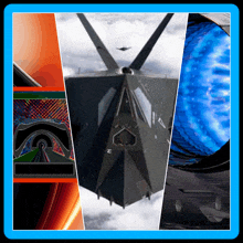 a collage of images including a fighter jet and a blue object