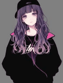 a girl with long purple hair is wearing a baseball cap and a black jacket .